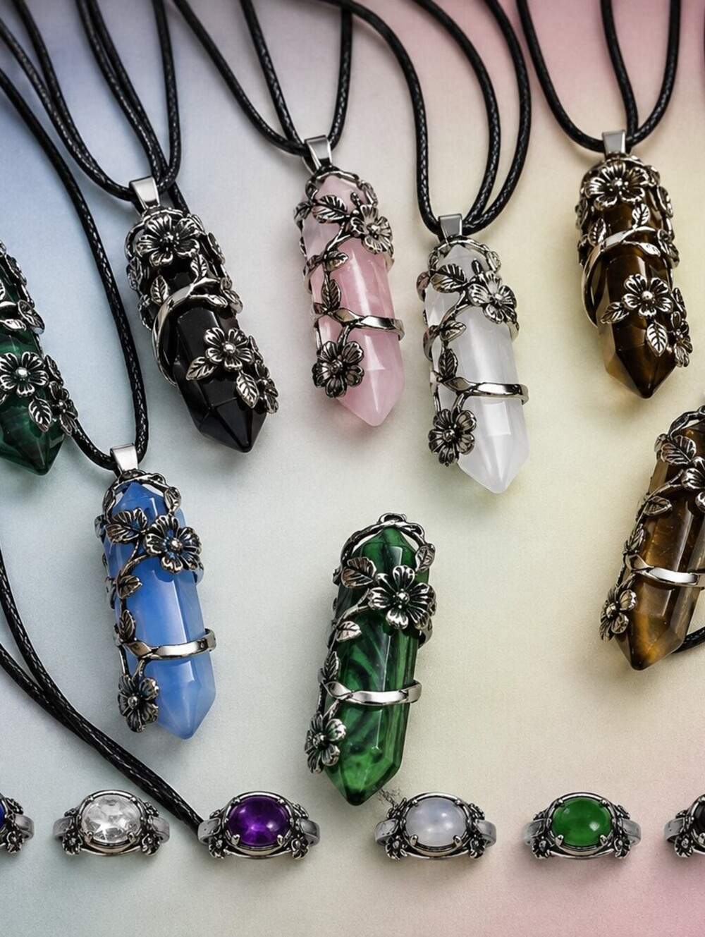 Natural Stone Hexagonal Column Shaped Wrapped Flowers Pendants Necklace Set